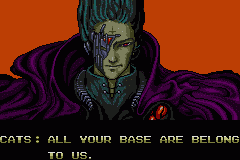 Gameplay cyborg in purple robe urges, "Cats: all your base are belong to us"