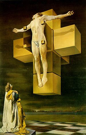 Jesus floating on a hypercube cross at the bay of Port Lligat, Gala looks up