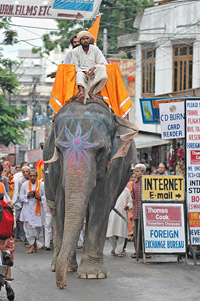 Religious parade with Indian elephant passes internet café