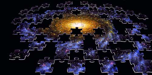 Artist impression of a galaxy of floating puzzle pieces