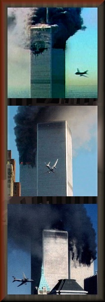 Images of airplane in front of WTC building, twin tower hit at the top, issuing clouds of black smoke